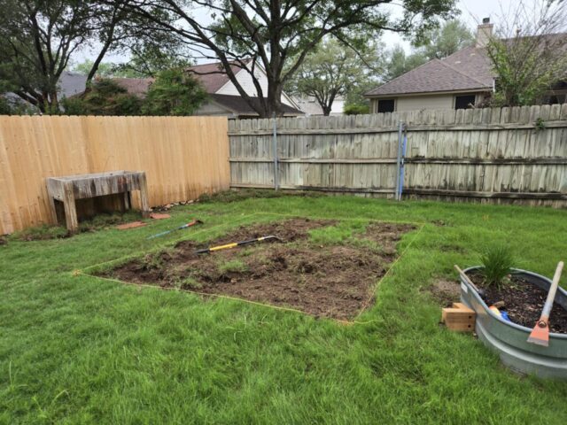 Grassy suburban backyard with an area marked out to start digging a level area to build some raised bed gardens.