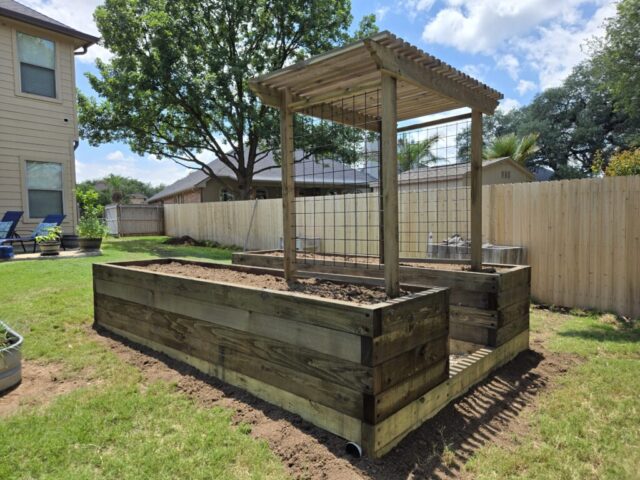 Another angle of two parallel cedar raised garden beds connected with an arbor trellis viewed from the back, low-side of the yard.